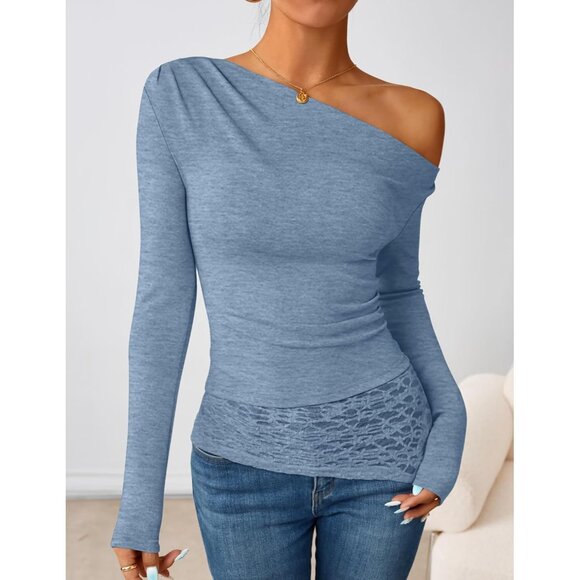 Women's Off Shoulder Blue Long Sleeve Top Casual Lace Slim Fit Fall Y2K Blouse - Picture 4 of 5